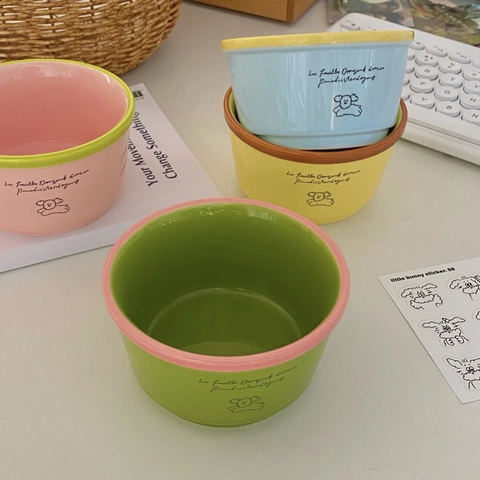 Ceramic Bowl Cartoon Puppy Print Contrast Color Rim Microwave Safe Tableware Dessert Yogurt Salad Breakfast Bowl Cute