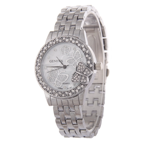 Montre Quartz Femmes Bracelet Acier Inoxydable Rhinestone Papillon Cadran Mode Affaires Analogique