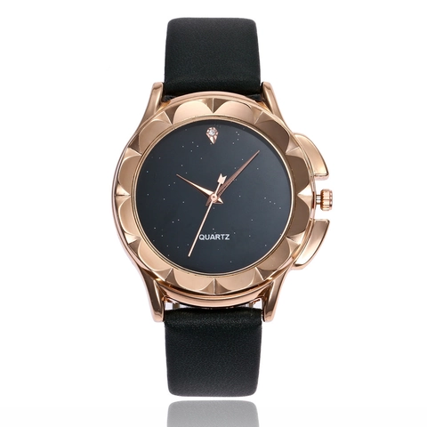 Women Quartz Watch Starry Sky Dial Scalloped Rose Gold Alloy Case Leather Strap Rhinestone Fashion Ladies Wristwatch