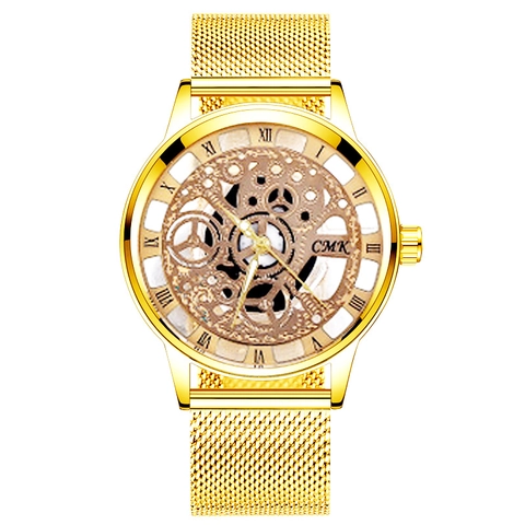 Orologio Quarzo Moda Con Design Scheletrato Cinturino Maglia Acciaio Inossidabile Quadrante Numeri Romani Stile
