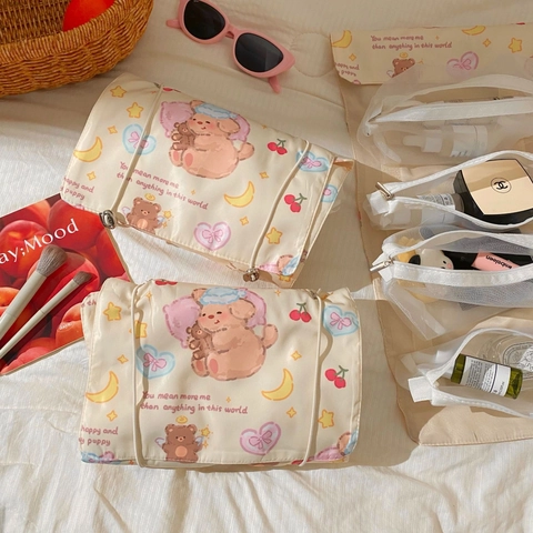 Neceser Distaccabile Rete Nylon Organizer Trucco Arrotolabile Custodia Toilette Viaggio Simpatica Stampa Cartoon
