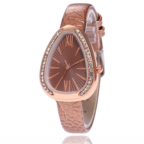 Women Quartz Watch Rhinestone Teardrop Snake Head Dial Roman Numerals Faux Leather Strap Elegant Fashion Wristwatch