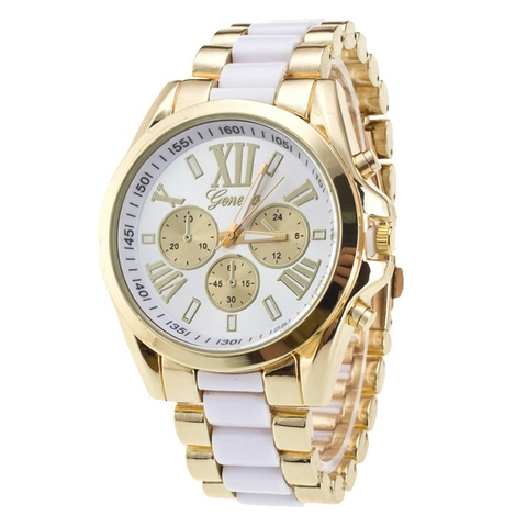 Fashion Women Quartz Watch Alloy Case Contrast Silicone Metal Strap Decorative Sub-Dials Roman Numerals Casual Wristwatch