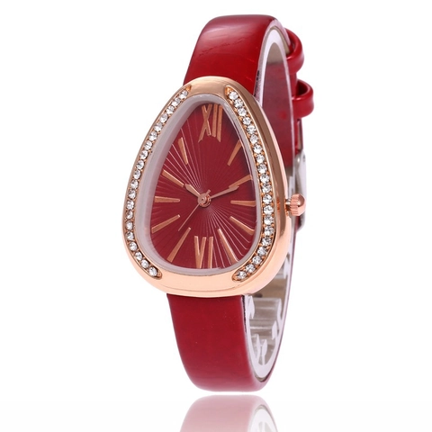 Women Quartz Watch Rhinestone Teardrop Snake Head Dial Roman Numerals Faux Leather Strap Elegant Fashion Wristwatch