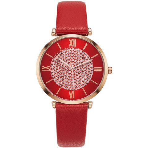 Women Fashion Quartz Watch Starry Sky Rhinestone Dial Roman Numerals Rose Gold Alloy Case Faux Leather Strap Elegant Wristwatch