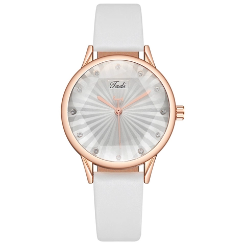 Fashion Women Quartz Watch Rose Gold Alloy Case PU Leather Strap Sunray Sunburst Dial With Rhinestone Markers Elegant