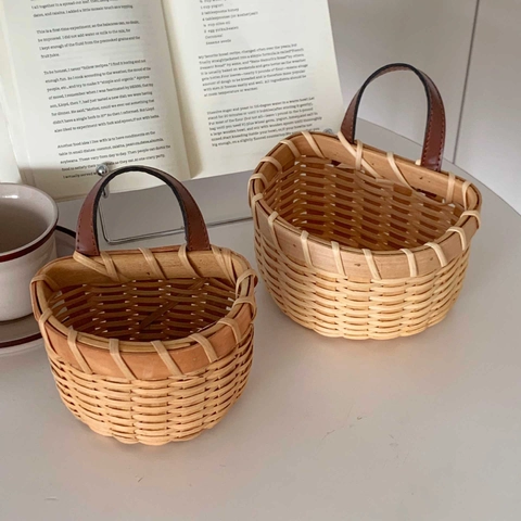 Cesto Portaoggetti Intrecciato Da Parete Cucina Zenzero Aglio Rattan Organizzatore Con Manico In Pelle Fatto A Mano Rustico