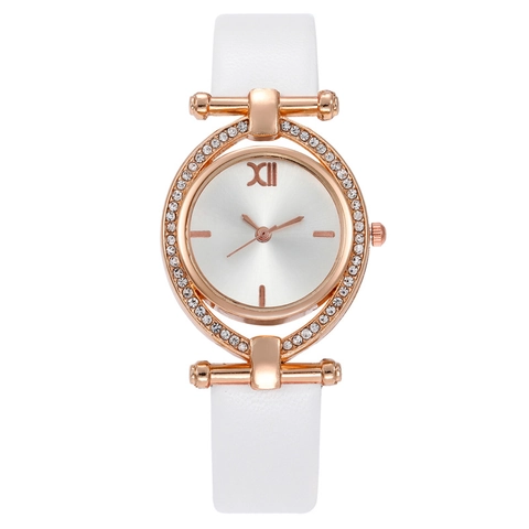 Women Quartz Watch Fashion Rhinestone Bezel Leather Strap Roman Numeral XII Analog Display Elegant Wristwatch For Lady