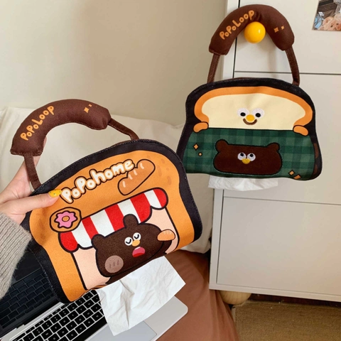 Hanging Tissue Box Cover Bag Cartoon Bear Toast Shape Cloth Fabric For Car Home Wall Decorative Cute