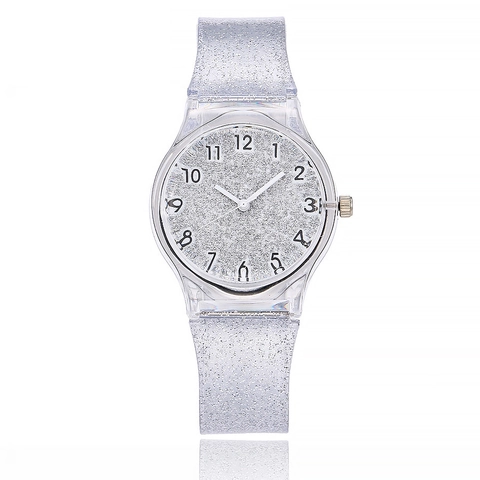 Women Quartz Watch With Transparent Silicone Strap Glitter Starry Sky Round Dial Casual Fashion Wristwatch For Students