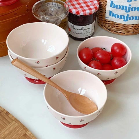 Vintage Keramikschüssel Hoher Fuß Blumenmuster Französischer Landhausstil Für Dessert Joghurt Reis Geschirr Cremeweiß Rot