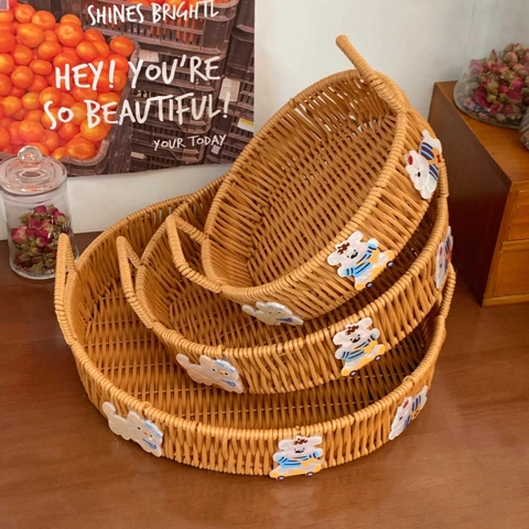 Cesto Portaoggetti Intrecciato Rotondo Imitazione Rattan Vassoio Per Frutta Con Doppi Manici E Decorazioni Cartoni Animati