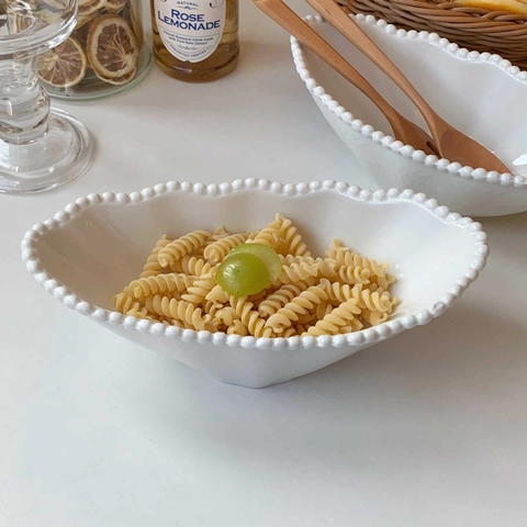 Ceramic Bowl Beaded Rim Embossed Irregular Boat Shape Salad Pasta Dessert Elegant French Vintage Tableware White