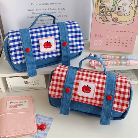 Astuccio Per Matite In Denim Grande Capacità Quadri Borsa Da Cancelleria Portatile Con Toppa Ricamata Mela Per Studenti