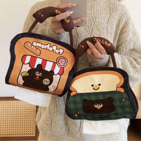 Hanging Tissue Box Cover Bag Cartoon Bear Toast Shape Cloth Fabric For Car Home Wall Decorative Cute