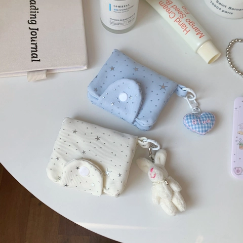Star Pattern Fabric Card Holder Mini Coin Purse Multi Layer Portable Small Storage Bag With Hook Sweet Cute Style