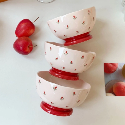Vintage Keramikschüssel Hoher Fuß Blumenmuster Französischer Landhausstil Für Dessert Joghurt Reis Geschirr Cremeweiß Rot