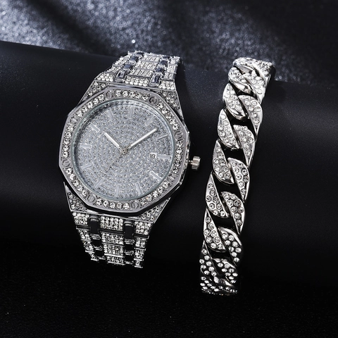 Luxury Iced Out Rhinestone Quartz Watch Octagonal Bezel Date Calendar Hip Hop Fashion Alloy Metal Link Strap For Women