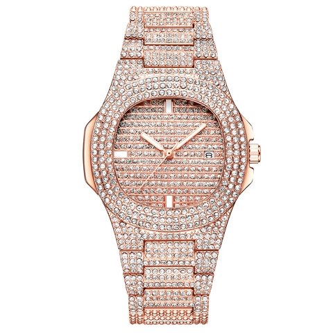 Women Luxury Iced Out Quartz Watch And Bracelet Rhinestone Alloy Metal Strap Calendar Analog Elegant Fashion Wristwatch