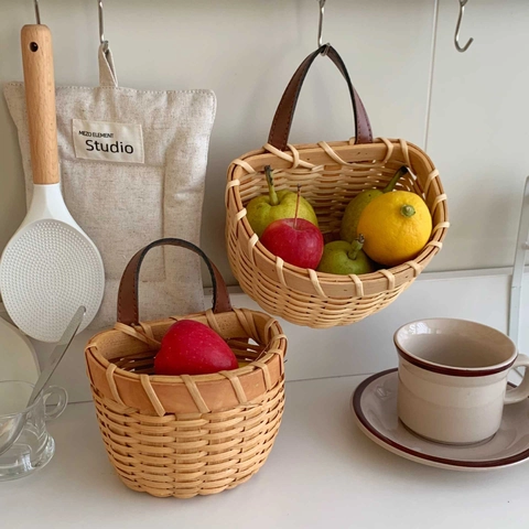 Cesto Portaoggetti Intrecciato Da Parete Cucina Zenzero Aglio Rattan Organizzatore Con Manico In Pelle Fatto A Mano Rustico