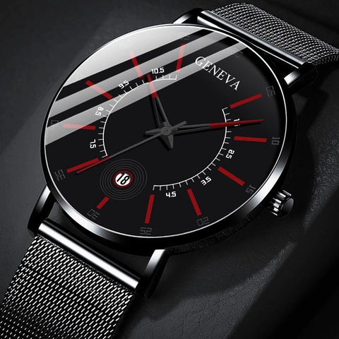 Men Quartz Watch Minimalist Business Fashion Wristwatch With Date Calendar Alloy Case And Mesh Strap For Male