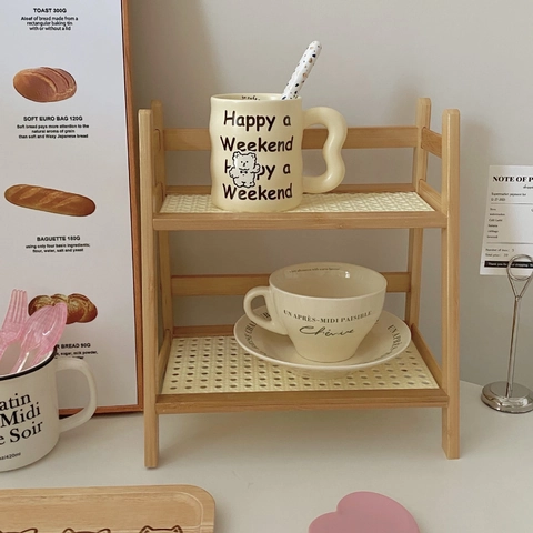 Desktop Storage Rack Bamboo Frame Woven Rattan Style Double Layer Shelf For Kitchen Office Bedroom Minimalist Cream Decor
