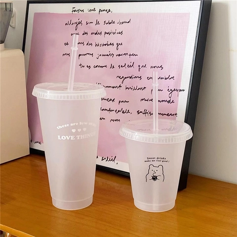 Frosted PP Plastic Straw Cup With Lid Reusable Coffee Juice Tumbler Cute Cartoon Bear Heart Print Girly Ins Style