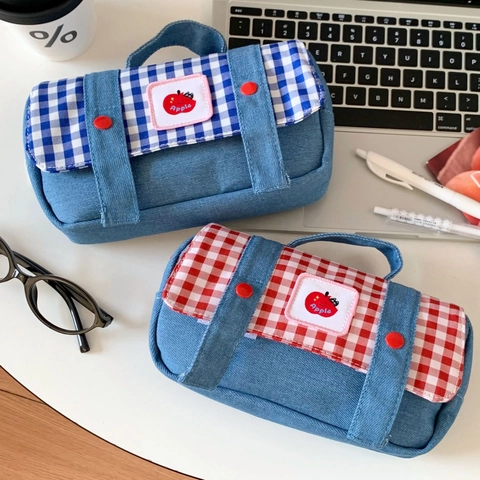 Astuccio Per Matite In Denim Grande Capacità Quadri Borsa Da Cancelleria Portatile Con Toppa Ricamata Mela Per Studenti