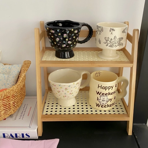 Desktop Storage Rack Bamboo Frame Woven Rattan Style Double Layer Shelf For Kitchen Office Bedroom Minimalist Cream Decor