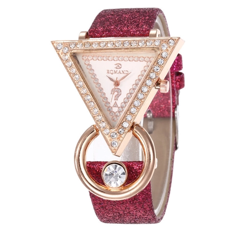 Fashion Triangle Case Rhinestone Inlaid Glitter PU Strap Women Quartz Watch Luxury Elegant Dress Wristwatch For Lady