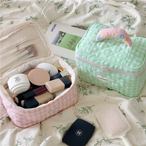 Gingham Quilted Cotton Makeup Bag Large Capacity Portable Travel Toiletries Organizer Pouch Case For Women Girls