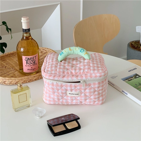 Gingham Quilted Cotton Makeup Bag Large Capacity Portable Travel Toiletries Organizer Pouch Case For Women Girls