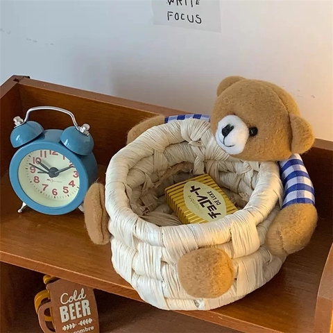 Cute Teddy Bear Woven Corn Husk Storage Basket Handwoven Desktop Organizer For Sundries Cosmetics Cartoon Home Decor