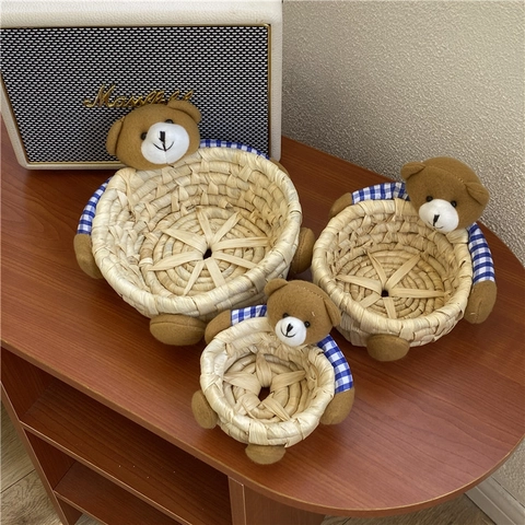 Cute Teddy Bear Woven Corn Husk Storage Basket Handwoven Desktop Organizer For Sundries Cosmetics Cartoon Home Decor
