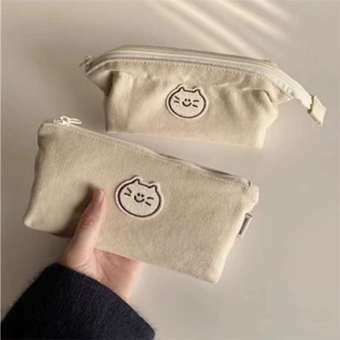 Estuche De Lápices Bordado De Animales De Dibujos Animados Gran Capacidad Lona Bolsa De Papelería Cremallera Neceser