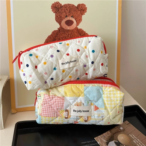 Trousse À Crayons En Tissu Matelassé Grande Capacité Pois Patchwork Sac À Papeterie Avec Fermeture Éclair Style Mignon