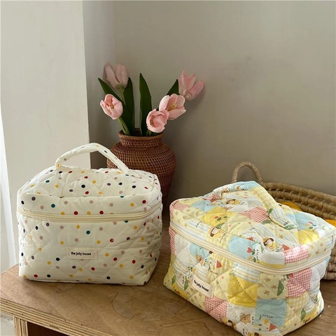 Quilted Cotton Cosmetic Bag Portable Travel Makeup Organizer Pouch Korean Style Colorful Polka Dot Floral Zippered Wash Bag