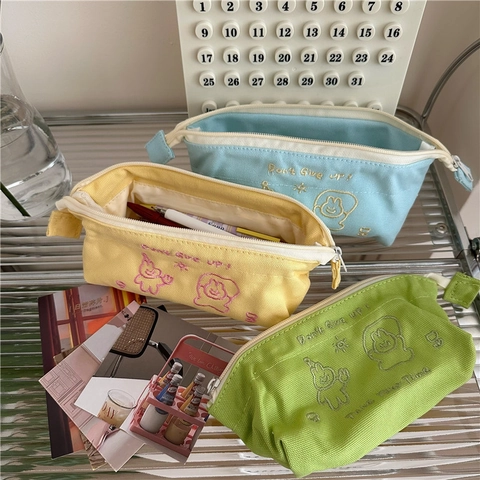 Canvas Pencil Case Large Capacity Cartoon Embroidery Zipper Stationery Pouch Desktop Organizer Cute Ins Style