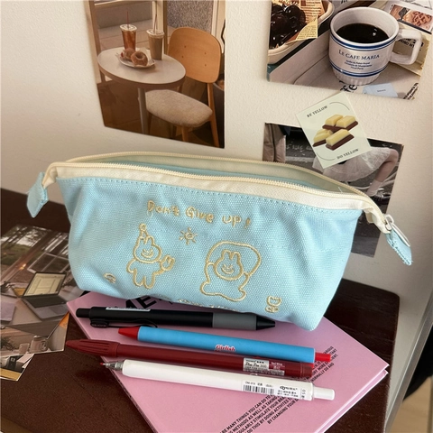 Canvas Pencil Case Large Capacity Cartoon Embroidery Zipper Stationery Pouch Desktop Organizer Cute Ins Style