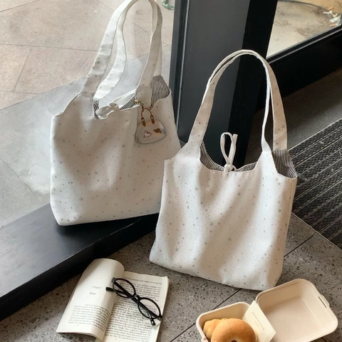Borsa Tote In Tela Da Donna Con Motivo A Stelle Grande Capacità Fodera A Righe Chiusura A Lacci Borsa A Spalla Bianca