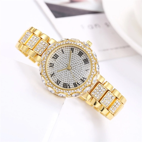 Luxury Women Quartz Watch Fashion Alloy Strap Full Rhinestone Roman Numerals Elegant Ladies Wristwatch