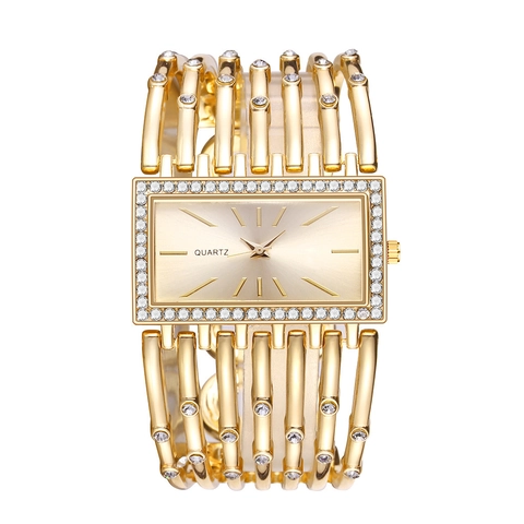 Women Quartz Watch Fashion Rectangular Rhinestone Bezel Alloy Hollow Bracelet Strap Trendy Elegant Analog Wristwatch Lady
