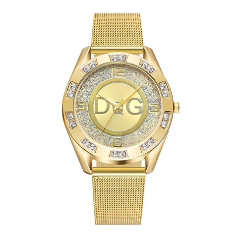 Women Fashion Quartz Watch With Milanese Mesh Alloy Strap Rhinestone Bezel Glitter Dial Luxury Analog Wristwatch