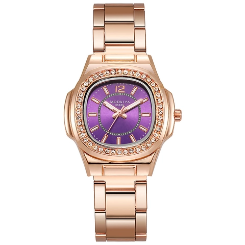 Women Fashion Quartz Watch Alloy Metal Strap Rhinestone Bezel Round Square Case Sunray Dial Elegant Business Timepiece