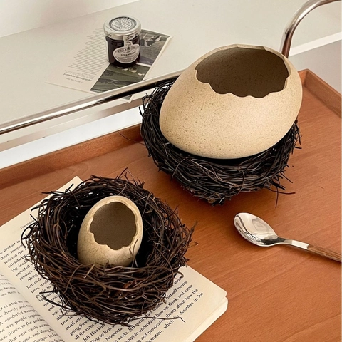 Bol En Céramique Coquille D'œuf Créatif Bord Irrégulier Vaisselle Avec Base Nid D'oiseau En Rotin