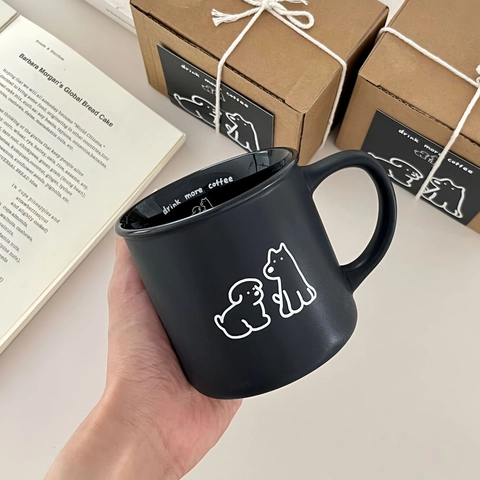 Mug Chiot en Céramique Mignon Minimaliste Mat Noir Blanc Dessin Animé Couple Tasse Eau Résistant à la Chaleur Maison