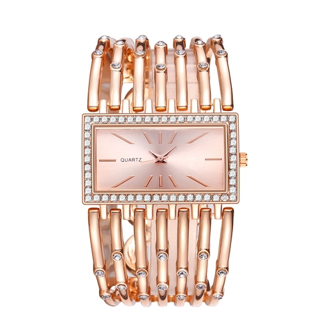 Women Quartz Watch Fashion Rectangular Rhinestone Bezel Alloy Hollow Bracelet Strap Trendy Elegant Analog Wristwatch Lady