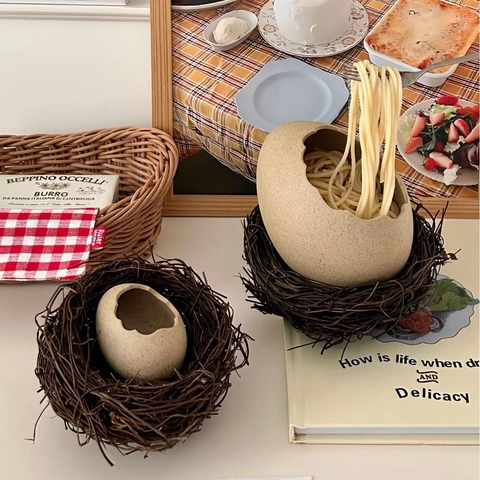Bol En Céramique Coquille D'œuf Créatif Bord Irrégulier Vaisselle Avec Base Nid D'oiseau En Rotin