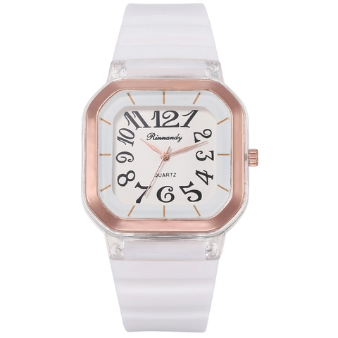 Orologio Al Quarzo Da Donna Quadrante Quadrato Cassa Trasparente Ghiera Oro Rosa Cinturino In Silicone Orologio Casual