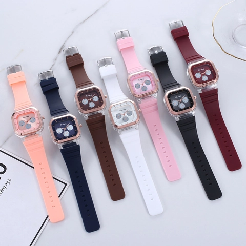 Women Quartz Watch Square Transparent Alloy Case Decorative Three-Eye Design Silicone Strap Fashion Casual Analog Wristwatch